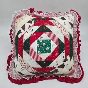 Handmade Christmas Throw Pillow Patchwork Quilted Christmas With Lace Ruffle